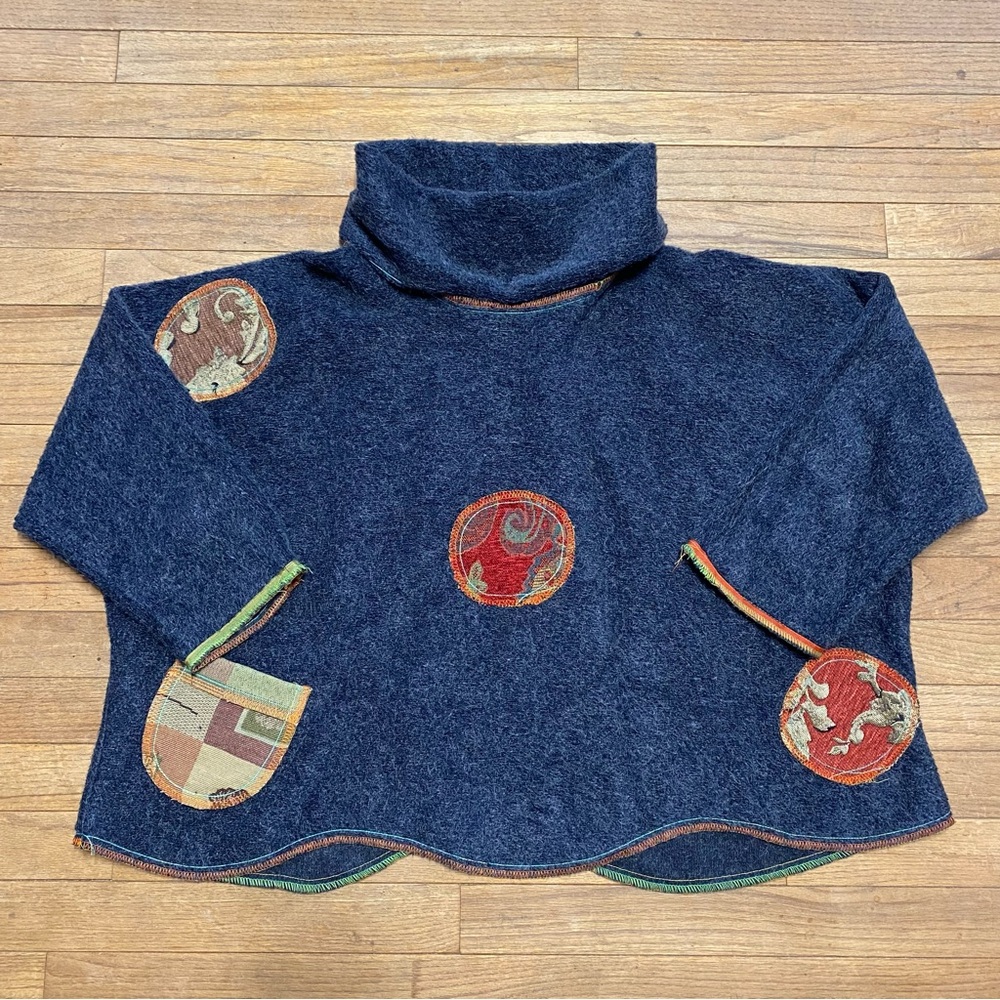 Aug 27 AM Blue Cowl Sweater with Art Patches